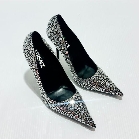 Versace Pumps 40/US 10 Black Crystal Embellished Leather Heel NIB $1,450 - Picture 6 of 14